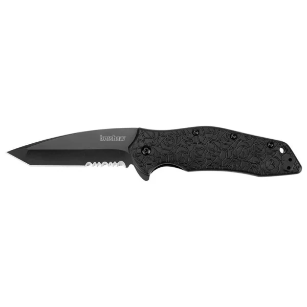 Kershaw Kuro Folding Knife, left-side view open with black tanto blade and serrated edge