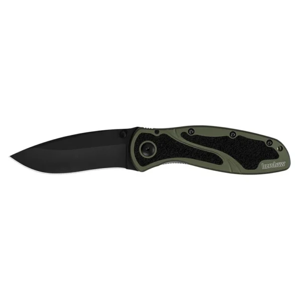 Kershaw Blur folding knife, right side with olive drab handle and open black drop point blade