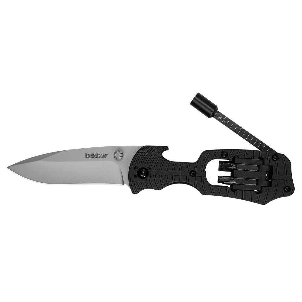 primary-29632 Kershaw Select Fire Folding Knife, open right-side view with silver blade and black handle