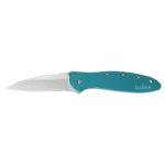 Kershaw Leek folding knife with teal handle and silver drop point blade, left side view