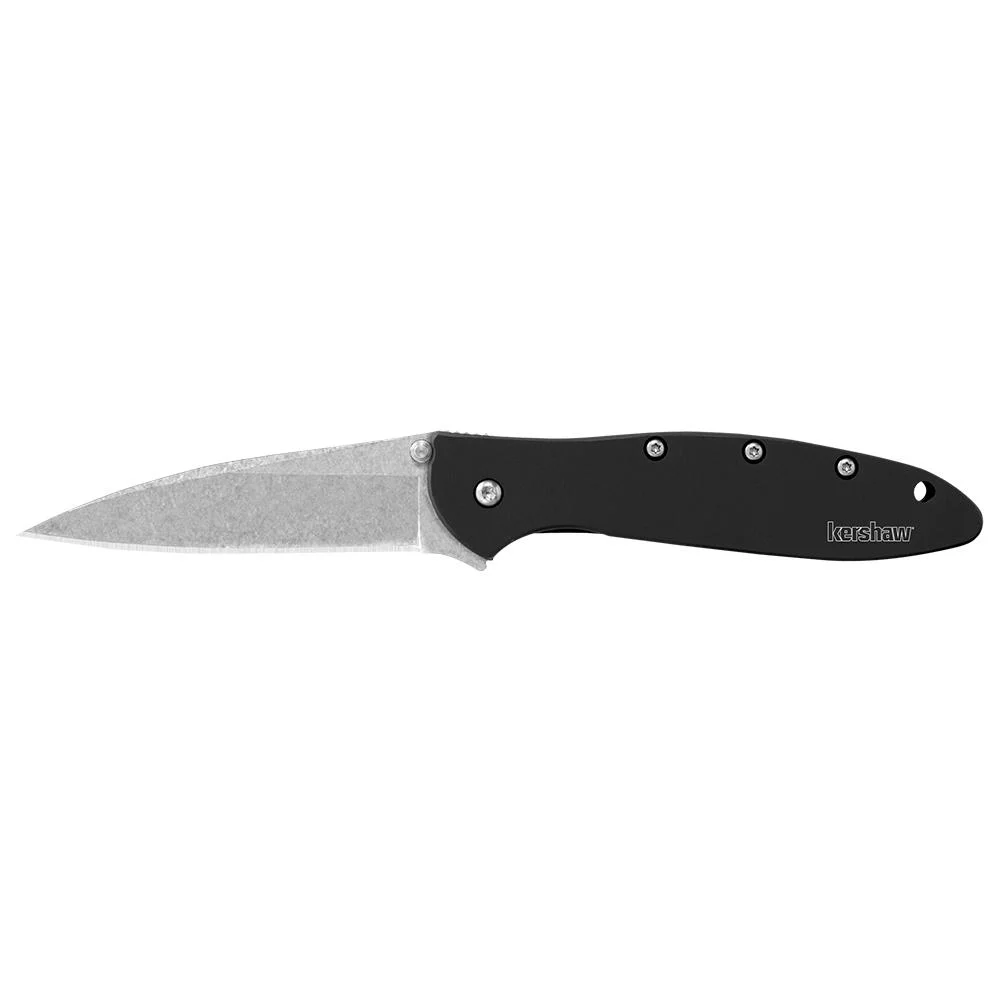 primary-29646 Kershaw Ken Onion Leek folding knife, open side view with silver blade and black handle