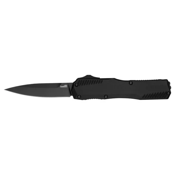 Kershaw Livewire OTF Automatic Knife, left side view with black spear point blade and handle
