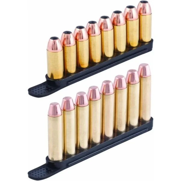 Tuff Products Quickstrips Speed Strips, two black strips holding brass cartridges