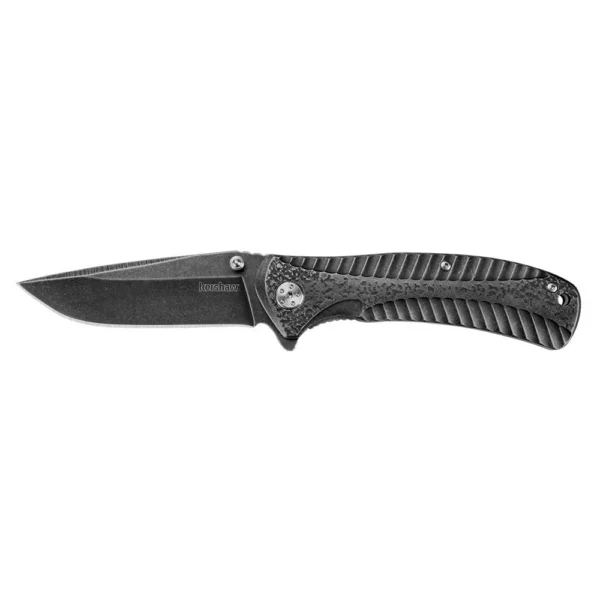 Kershaw Starter, open folding knife side view with black blade and textured black handle