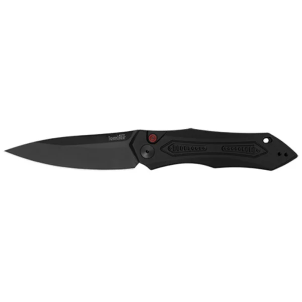 Kershaw Launch 6 automatic knife, left-side view open with black drop-point blade and handle