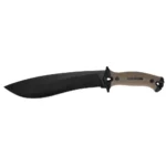 Kershaw Camp 10 Fixed Machete Knife, side view with black recurve blade and tan handle