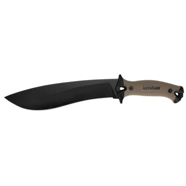 Kershaw Camp 10 Fixed Machete Knife, side view with black recurve blade and tan handle