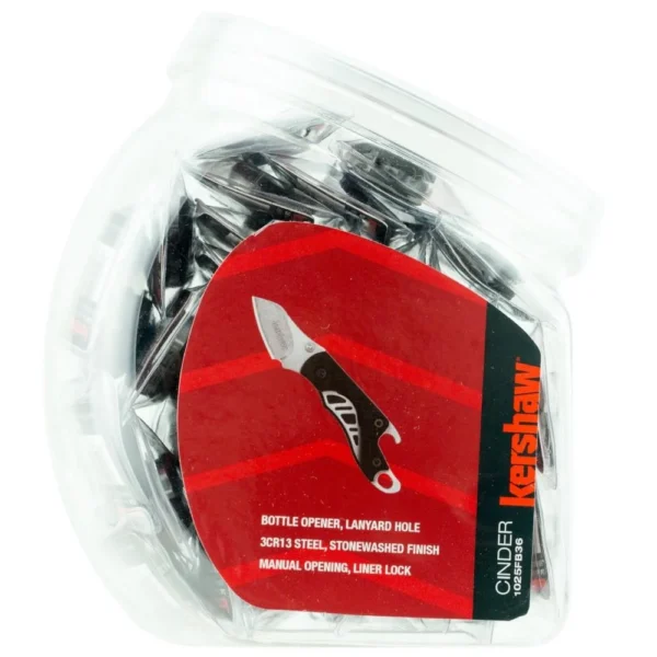 Kershaw Cinder Multi-Tool Folding Knife, clear fishbowl display filled with black folding tools