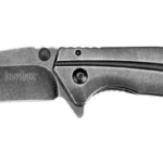 Kershaw Filter Knife, open right-side view with dark blade and curved gray metal handle