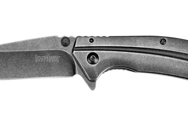 Kershaw Filter Knife, open right-side view with dark blade and curved gray metal handle