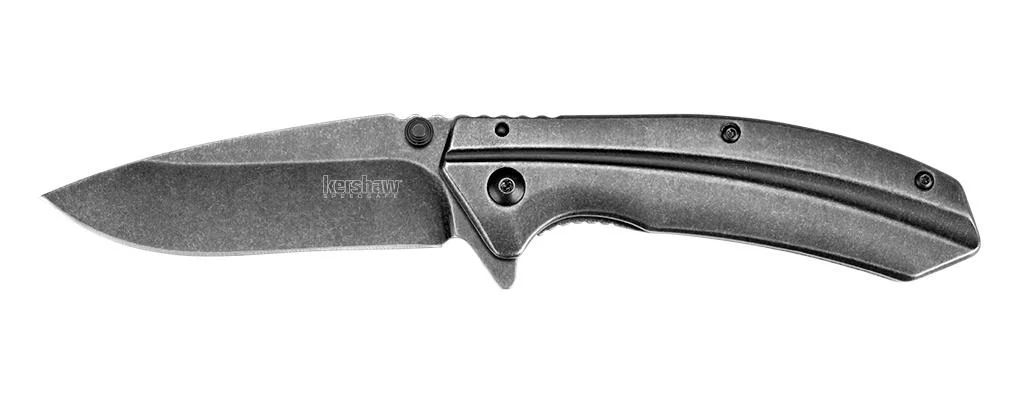 primary-29697 Kershaw Filter Knife, open right-side view with dark blade and curved gray metal handle