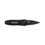 Kershaw Launch 4, black automatic knife in side view with open spear-point blade and pocket clip