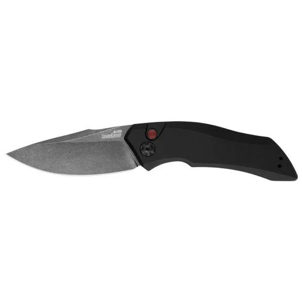 Kershaw Launch 1 black folding knife, side view with blade open and curved handle