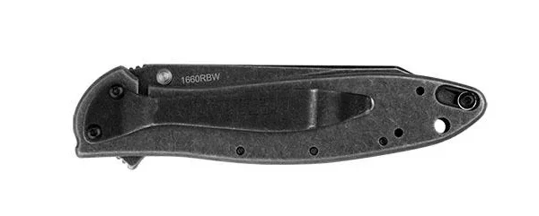Kershaw Random Leek Reverse Tanto Assisted Folding Knife, closed black knife in side view