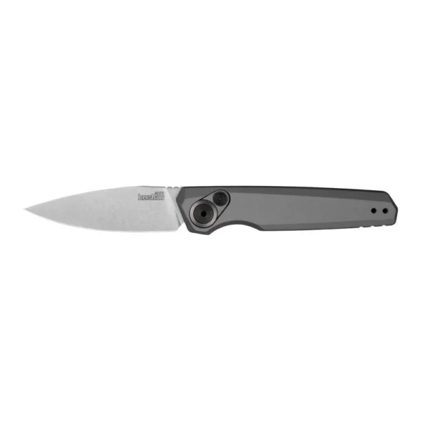 Kershaw Launch 18 Automatic Folding Knife, open side view with grey handle and silver blade