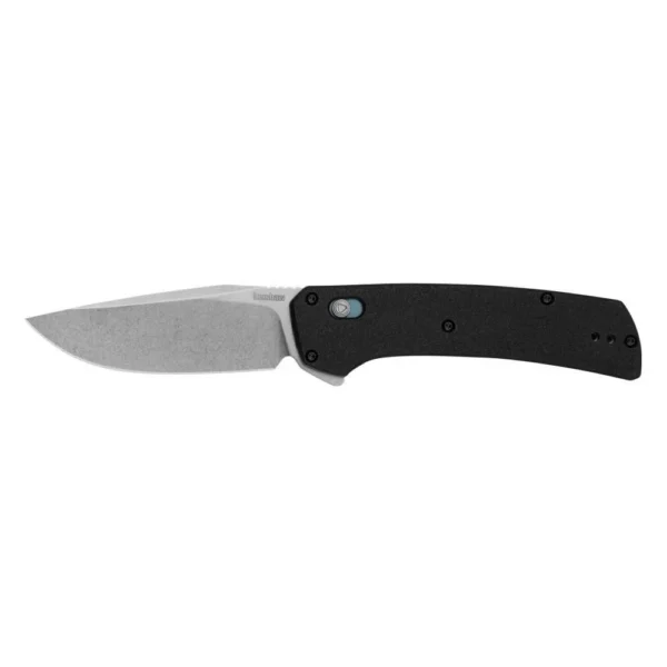 Kershaw Layup folding knife, left side with black handle and open silver drop point blade