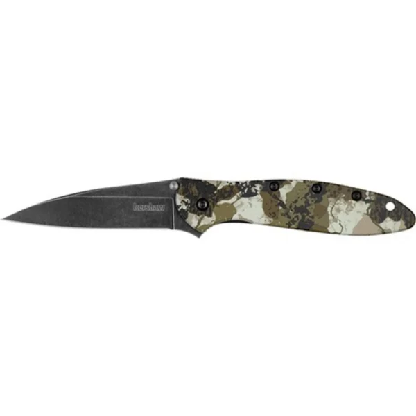 Kershaw Leek folding knife, open side view with black blade and Kings Camo handle