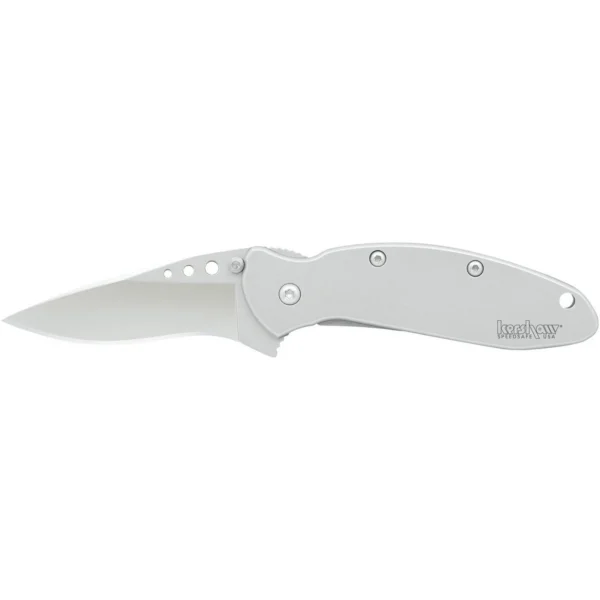 Kershaw Ken Onion Scallion Folding Knife, open silver knife with drop point blade, right-side view