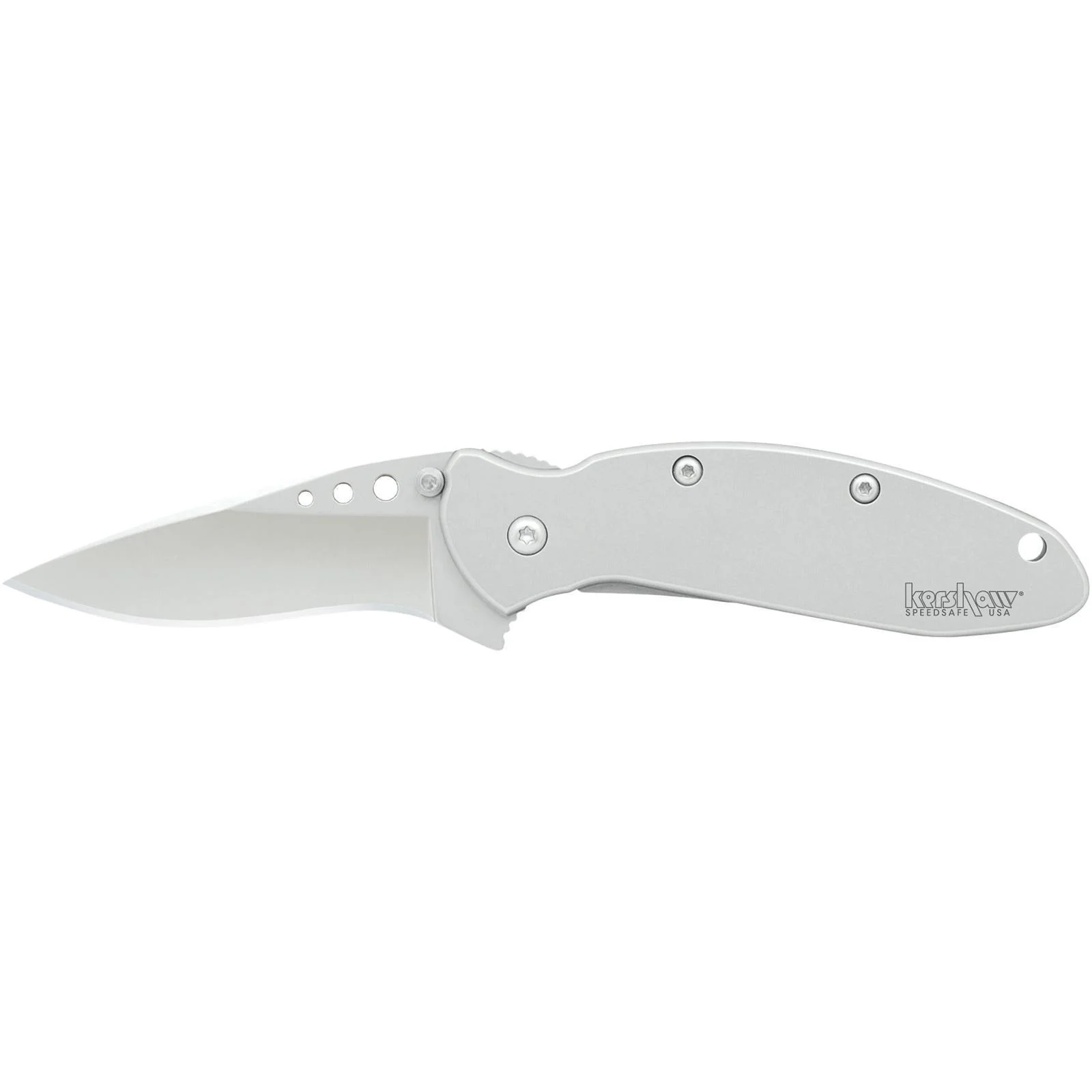 primary-29862 Kershaw Ken Onion Scallion Folding Knife, open silver knife with drop point blade, right-side view
