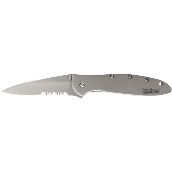 Kershaw Ken Onion Leek Folding Knife, left side view open with silver partially serrated blade