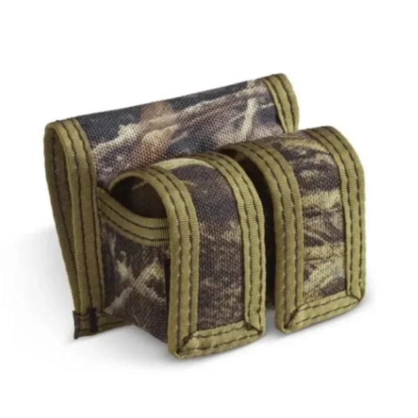 HKS Case DBL Camo, angled view of camouflage cartridge case with olive trim and belt loops