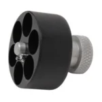 HKS M Series Speedloader, angled front view in black with six chambers and silver knurled knob