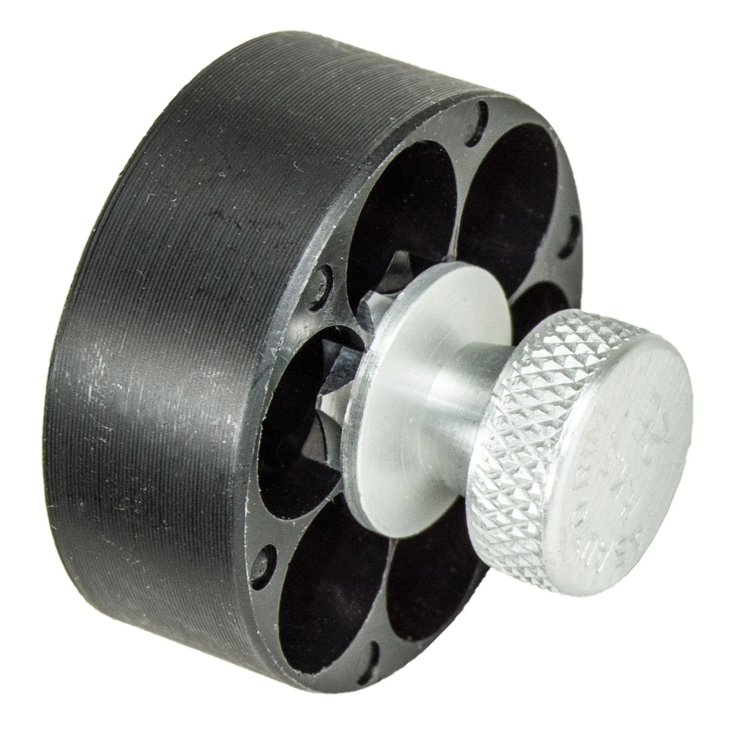 primary-29890 HKS M Series Speedloader S&W 25-2, angled view of black cylinder and silver knob