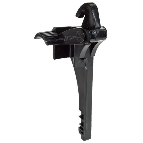 HKS Magazine SpeedLoader Single P85/P229/SW 411, black front view with lever and ridged handle
