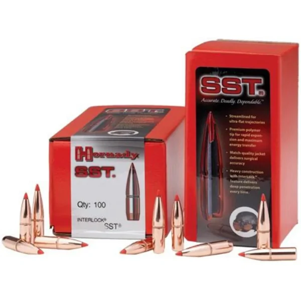Hornady SST Bullets, red boxes with pointed copper-colored bullets arranged in front