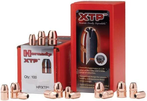 primary-29908 Hornady Handgun Bullets, copper-colored bullets displayed with red XTP boxes