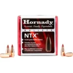 Hornady NTX red and white box with four copper-coloured pointed bullets