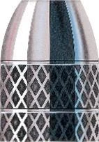 Hornady Lead Pistol Bullets, close-up of silver flat-point bullet with knurled sides