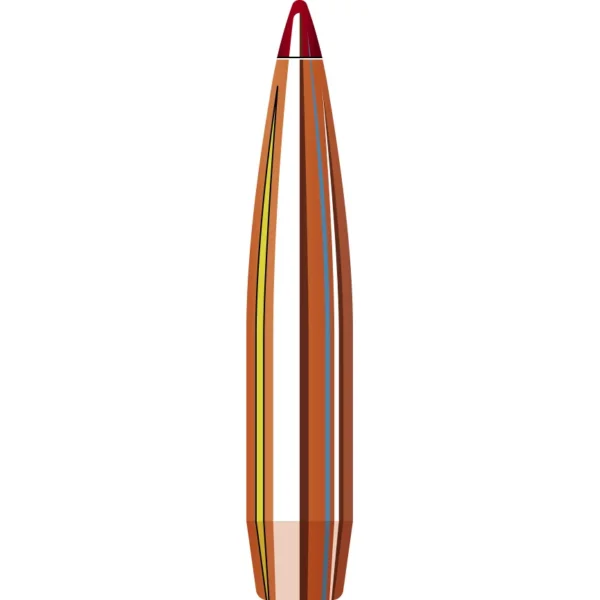 Hornady ELD Match Bullets with Heat Shield, cutaway view with red tip, copper jacket and core