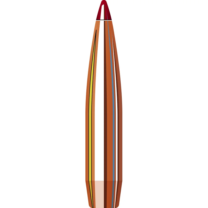 primary-29933 Hornady ELD Match Bullets with Heat Shield, cutaway view with red tip, copper jacket and core
