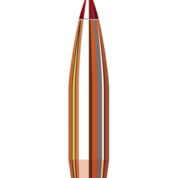 Hornady ELD-X Bullets, cutaway illustration of a copper-coloured pointed bullet with red tip
