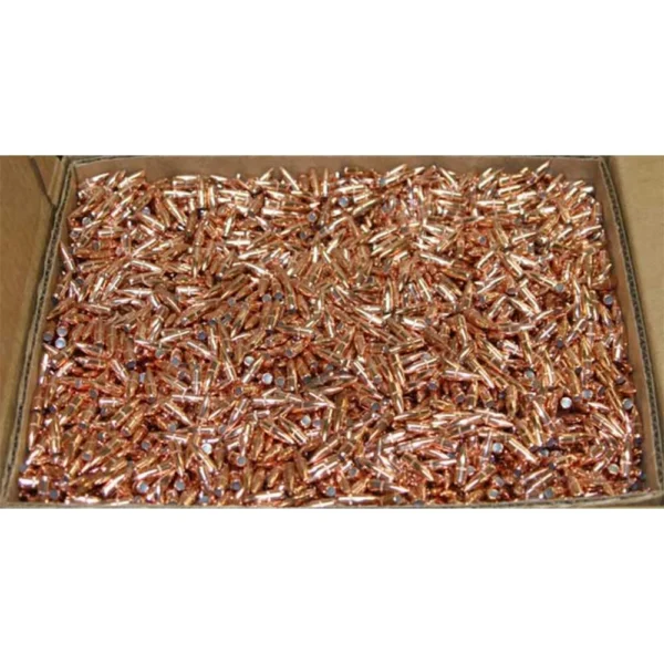Hornady Traditional / FMJ Rifle Bullets, overhead view of loose copper-colored bullets