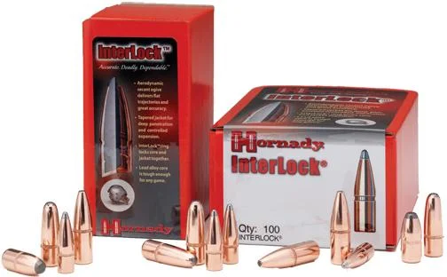 Hornady Interlock Rifle Bullets, copper-colored bullets displayed beside red packaging