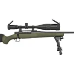 Mossberg Night Train II, right-side view with green stock, mounted scope and bipod
