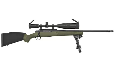 Mossberg Night Train II, right-side view with green stock, mounted scope and bipod