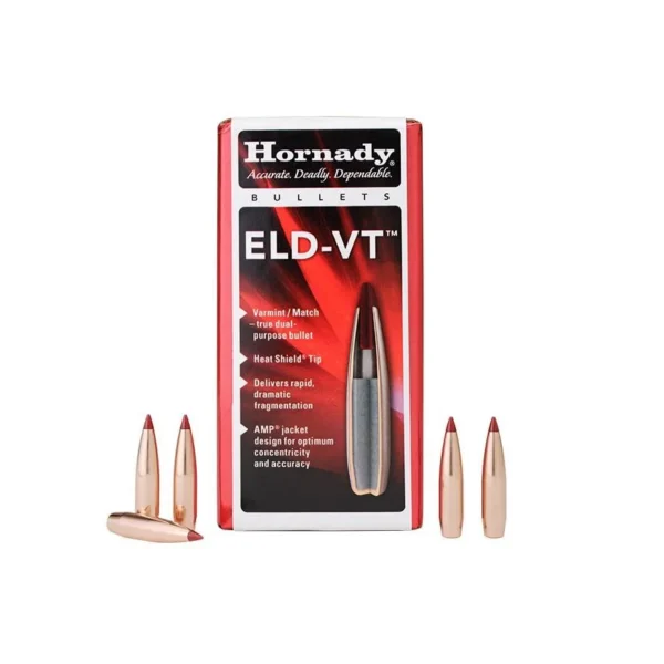 Hornady ELD-VT Rifle Bullets, red and black retail box with five copper-coloured bullets