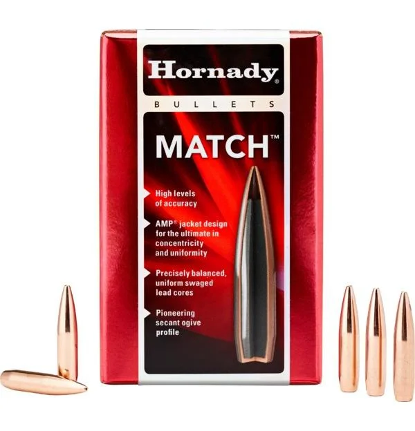 primary-29996 Hornady Match Bullets, red and black box with five copper-coloured pointed bullets