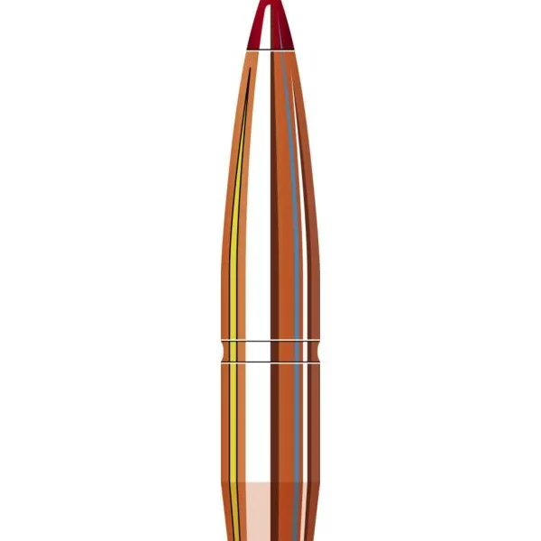 Hornady CX Bullets, copper-coloured pointed bullet with red polymer tip, front view