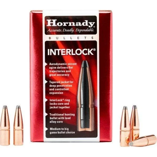 Hornady InterLock Bullets, red retail box with five copper-coloured pointed bullets displayed