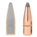 Hornady InterLock Bullets, copper-colored pointed bullet and cutaway view showing gray core