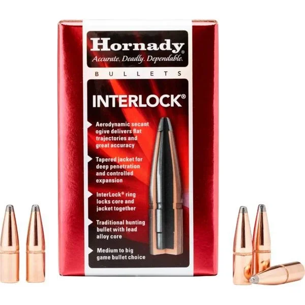 Hornady Traditional Rifle Bullets, front of red InterLock box with four copper-coloured bullets