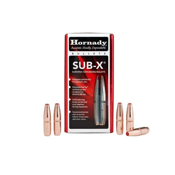 Hornady Sub-X bullets, red and black retail box with copper-coloured pointed bullets