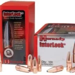 Hornady Interlock 8mm SST BT bullets, copper-tone bullets displayed with red boxes
