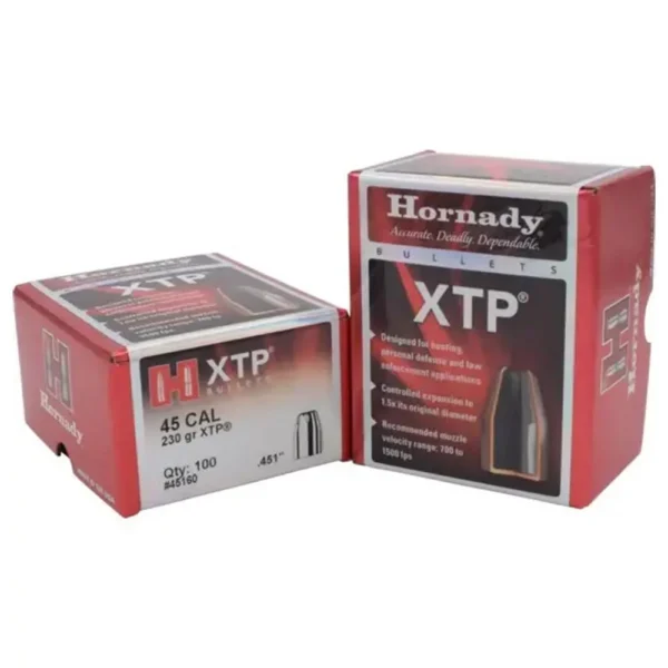 Hornady Handgun Bullets XTPHP, two red product boxes shown from front and angled views