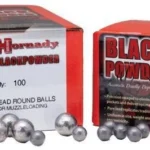 Hornady Lead Round Ball, two red boxes with silver round balls displayed in front