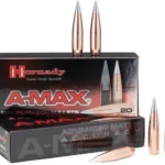 Hornady A-MAX Rifle Bullets, copper-coloured pointed bullets beside black and red boxes